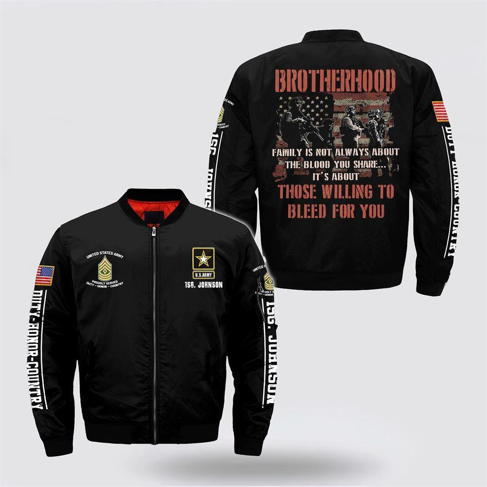 Army Bomber Jacket, Personalized Name Rank US Army Brotherhood Bomber Jacket, Veteran Bomber Jacket