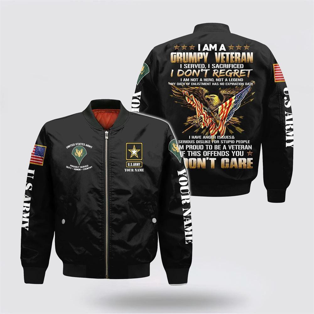 Army Bomber Jacket, Personalized Name Rank US Army I Am A Grumpy Veteran Bomber Jacket, Veteran Bomber Jacket