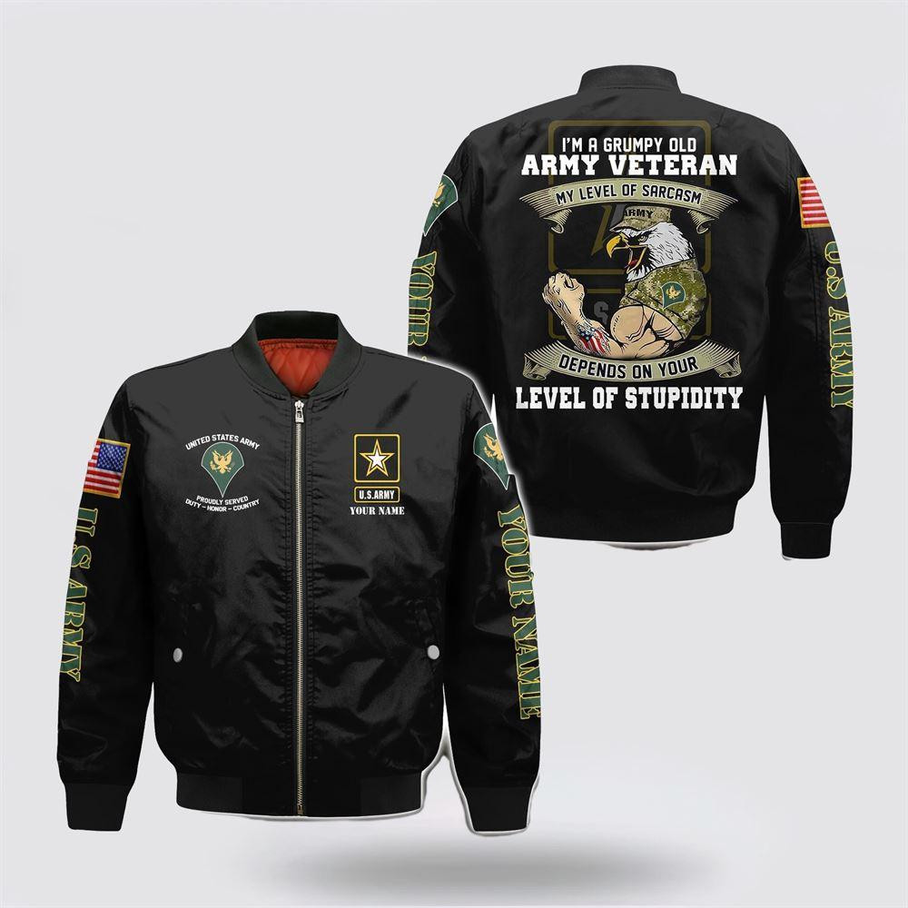 Army Bomber Jacket, Personalized Name Rank US Army Veteran Military I'm A Grumpy Bomber Jacket, Veteran Bomber Jacket