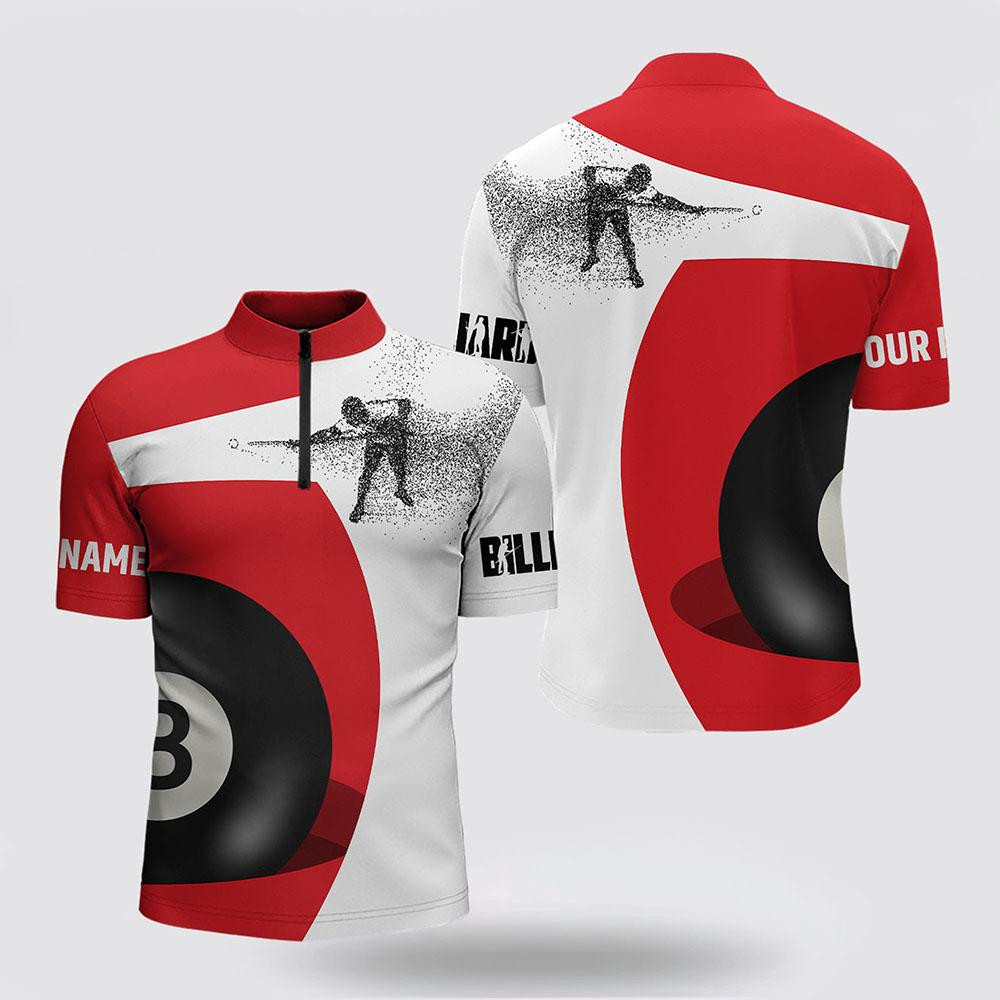 Billiard Jerseys, Custom Billiard Jerseys, 3D Funny Billiard Player 8 Ball Pool Red White Jerseys Shirts, Billiard Shirt Designs