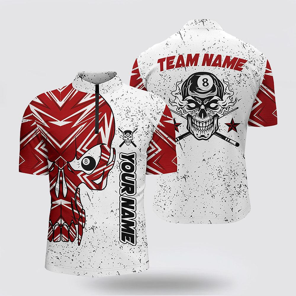 Billiard Jerseys, Custom Billiard Jerseys, 3D Skull Billiards Red White Jerseys Shirt, Billiard Shirt Designs