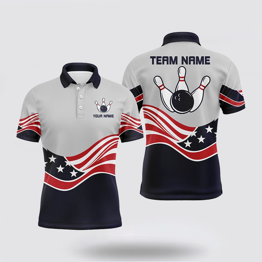 Bowling Polo Shirt, American Flag Bowling Jersey For Men Custom Polo Bowling Shirt Patriotic Bowling Shirt For Team
