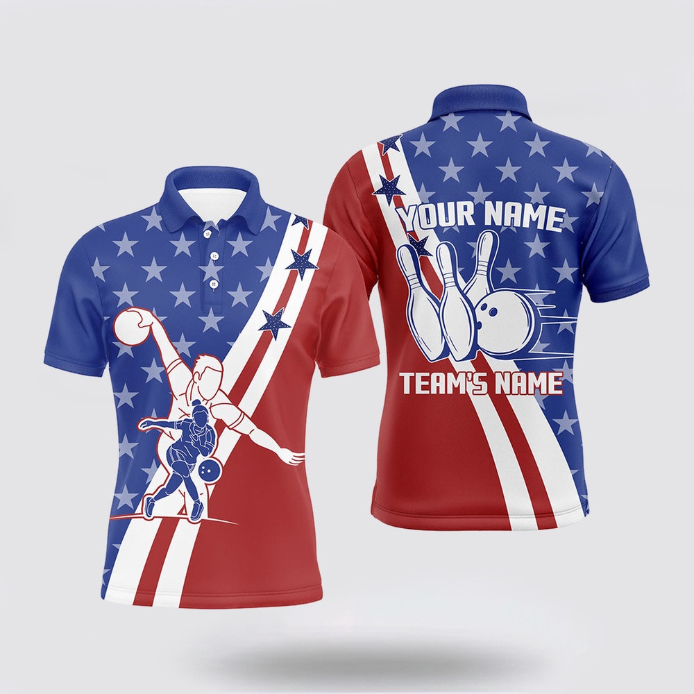 Bowling Polo Shirt, American Flag Bowling Jersey For Men Personalized Bowling Polo Shirt Patriotic Bowling Team Shirt