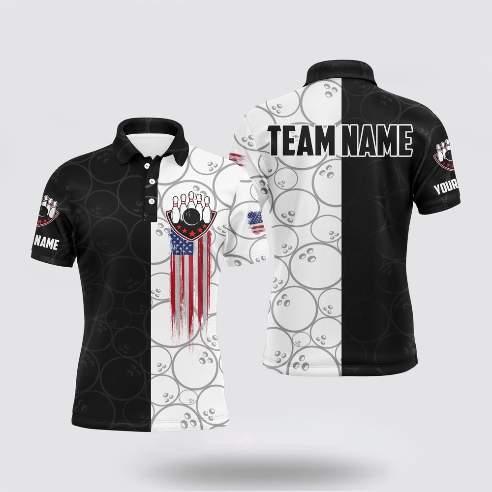 Bowling Polo Shirt, American Flag Bowling Men Polo Shirt Personalized Patriotic Bowlers Custom Team Short Sleeves Jersey