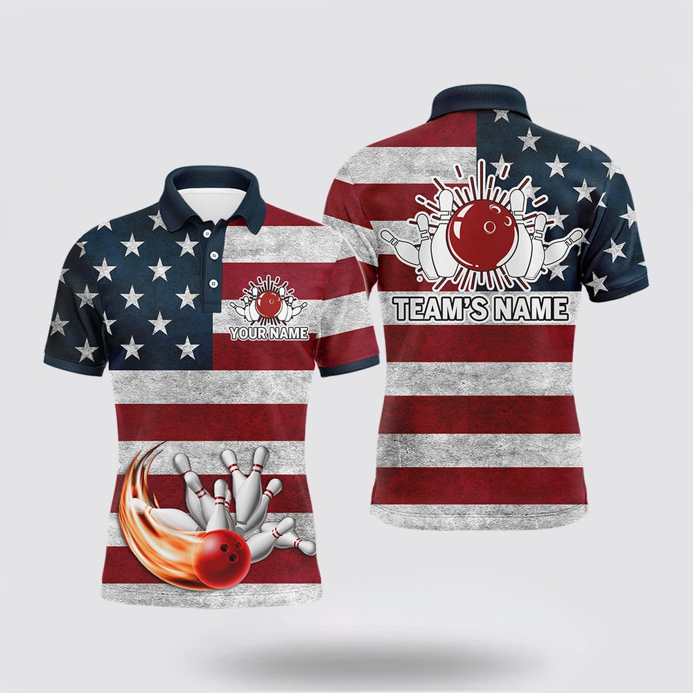 Bowling Polo Shirt, American Flag Bowling Shirt For Men, Custom Polo Team Bowling Jersey With Names, Patriots Shirt