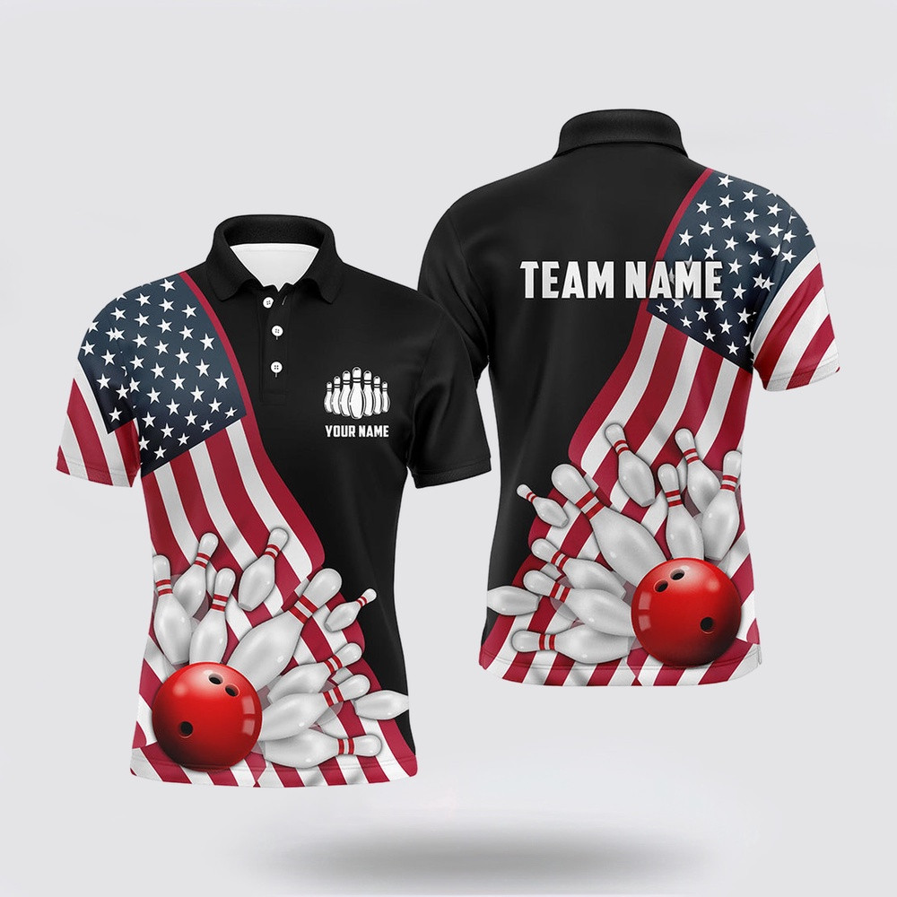 Bowling Polo Shirt, American Flag Custom Mens Bowling Polo Shirts, Patriotic Strike Bowling Team Jerseys