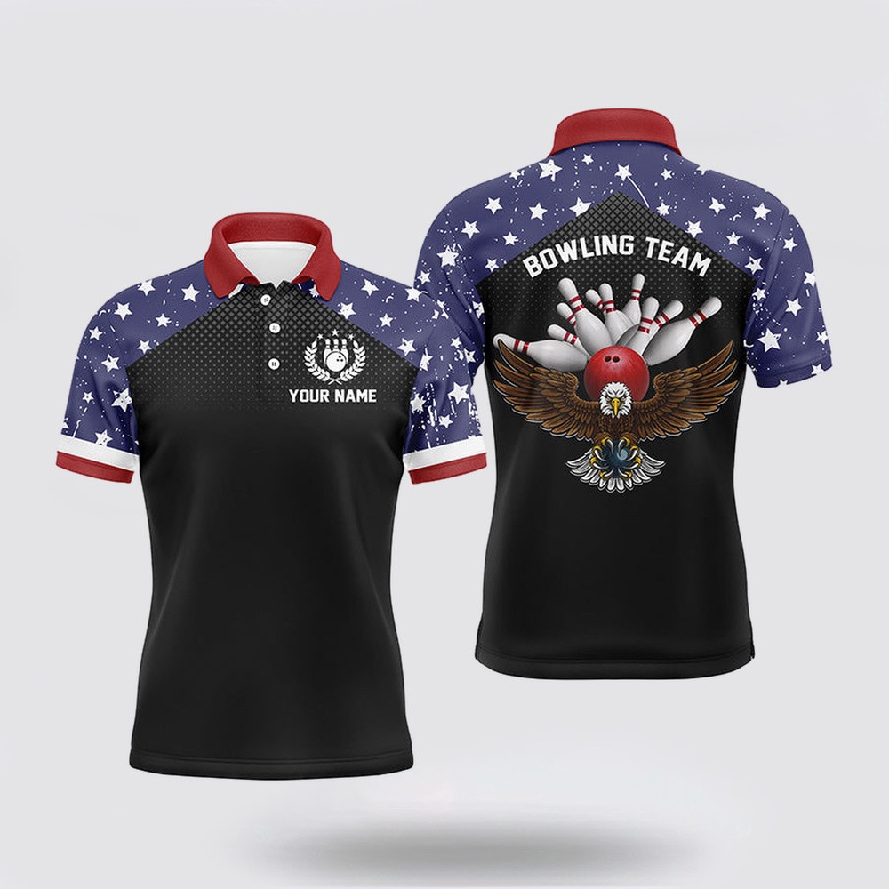 Bowling Polo Shirt, American Flag Patriot Vintage Bowling Polo Shirts Custom Name And Team Name Bowling Team Shirts Jersey