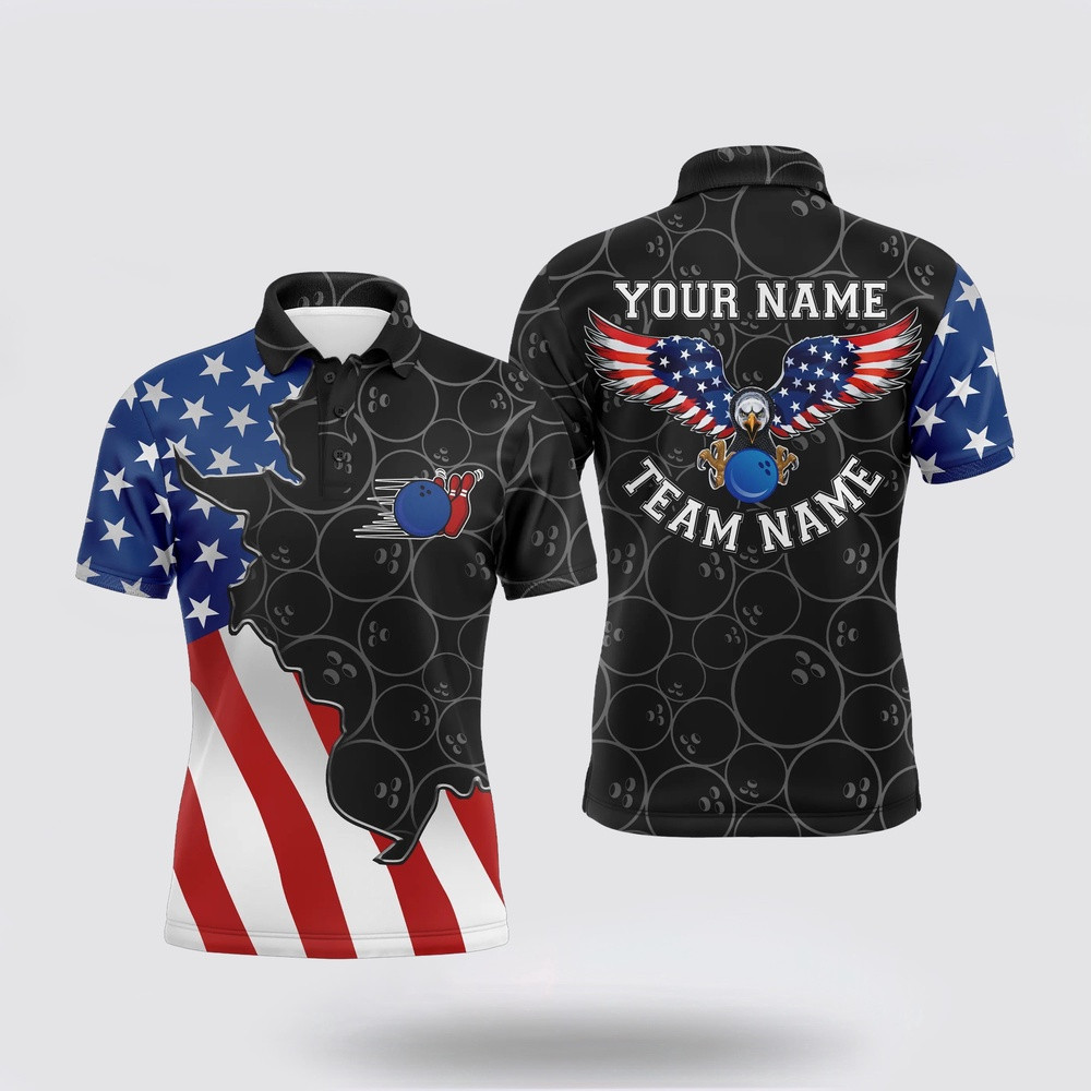 Bowling Polo Shirt, American Flag Patriotic Retro Bowling Polo Shirts For Men Custom Black Pattern Bowling Team Jerseys