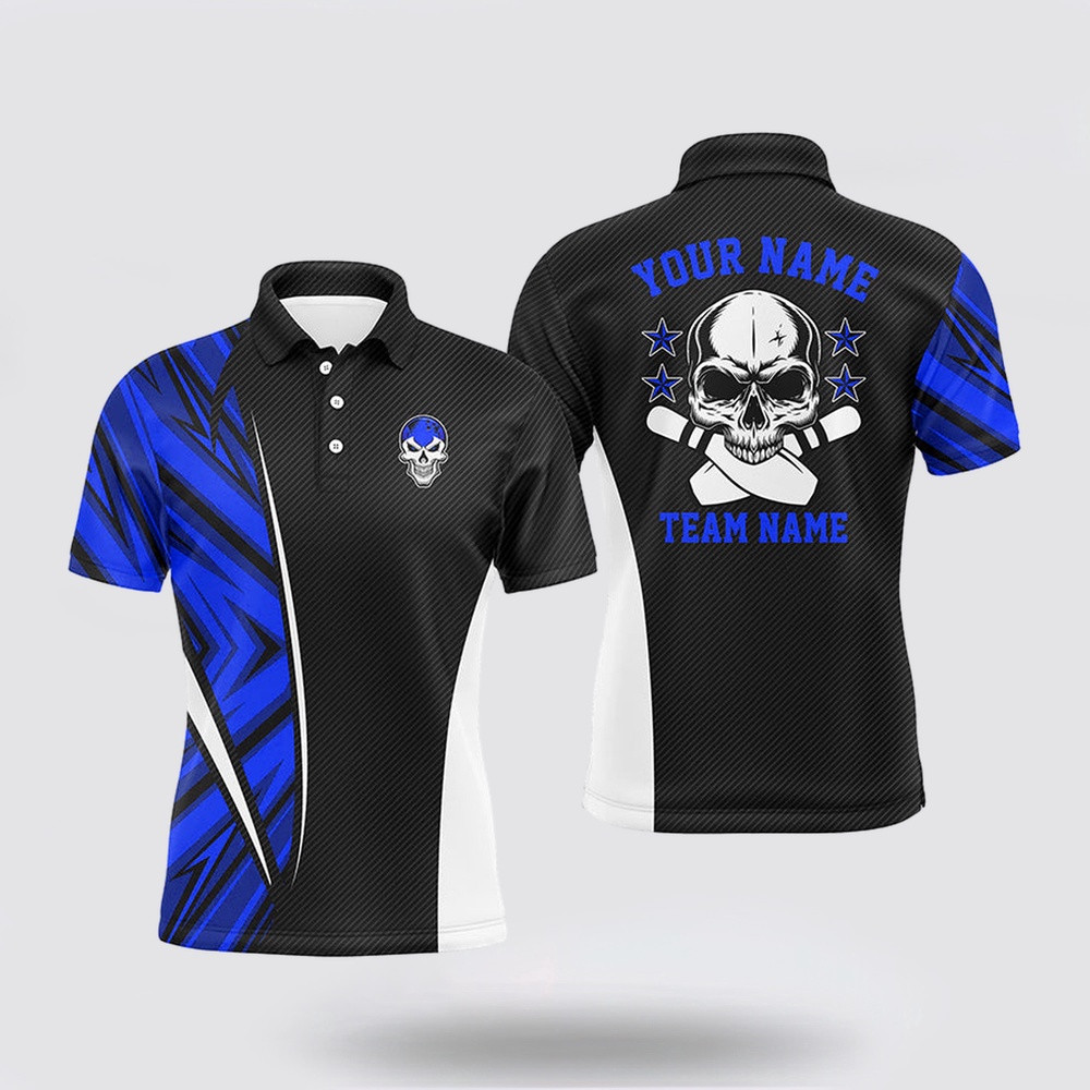 Bowling Polo Shirt, Black And Blue Camo Custom Camo Bowling Polo Shirts For Men, Team Skull Bowling Jerseys