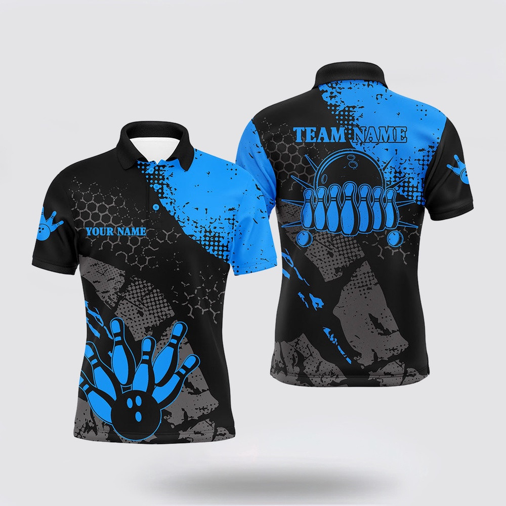Bowling Polo Shirt, Black And Blue Mens Polo Bowling Shirts Custom Retro Bowling Ball Pins Bowling Team League Jerseys