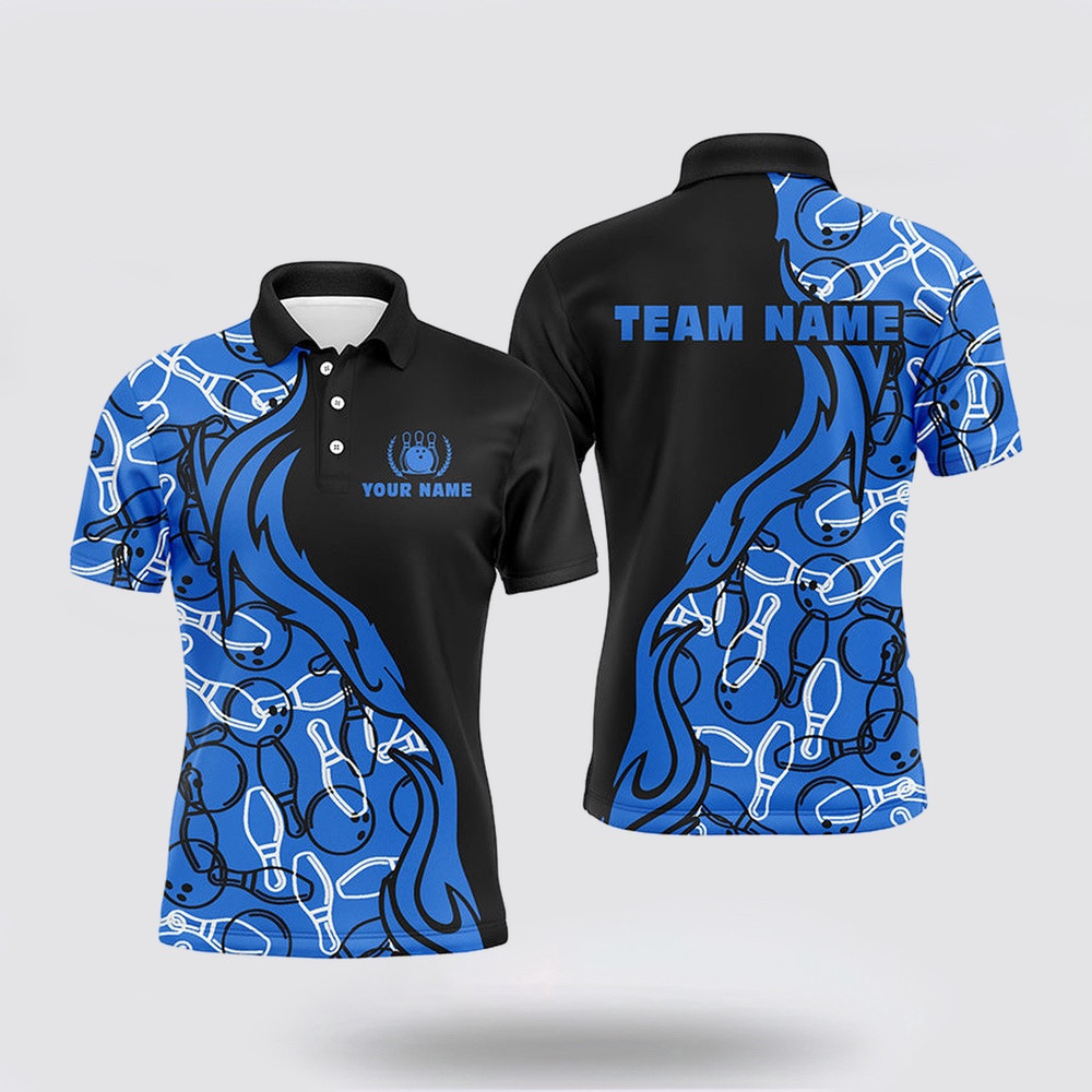 Bowling Polo Shirt, Black And Blue Pattern Bowling Polo Shirts For Men, Custom Team Bowling Jerseys For Men Bowlers