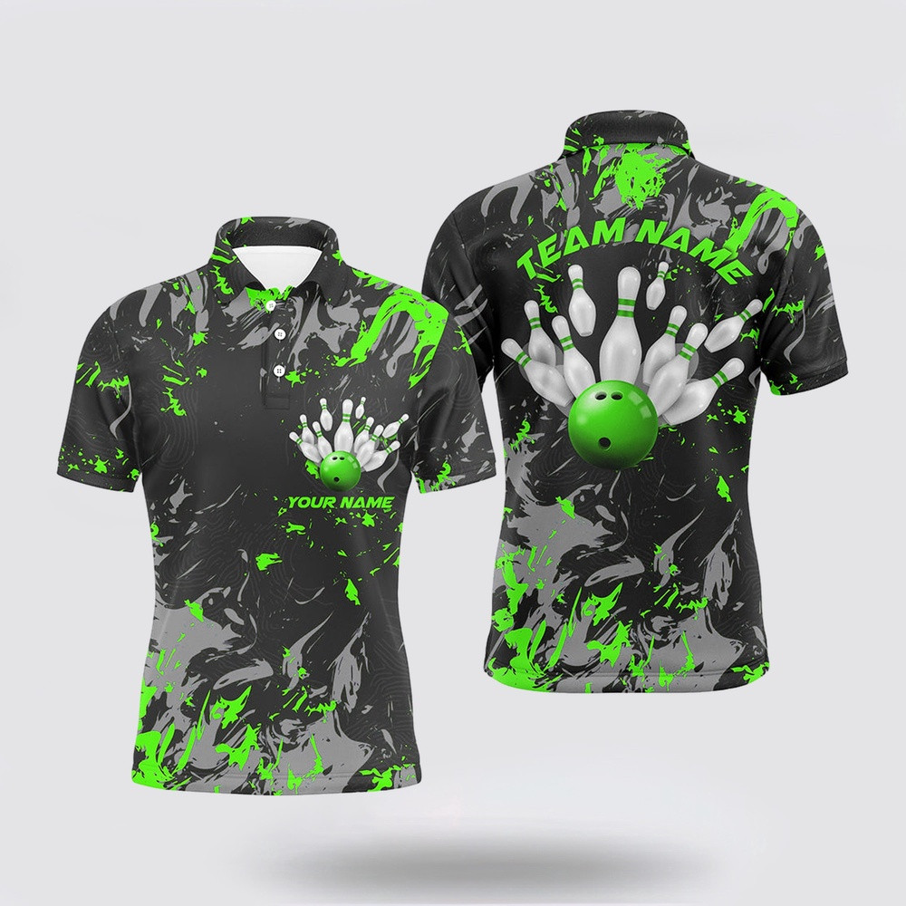 Bowling Polo Shirt, Black And Green Camo Bowling Team Shirts Custom Men Polo Shirts Bowling League Shirts