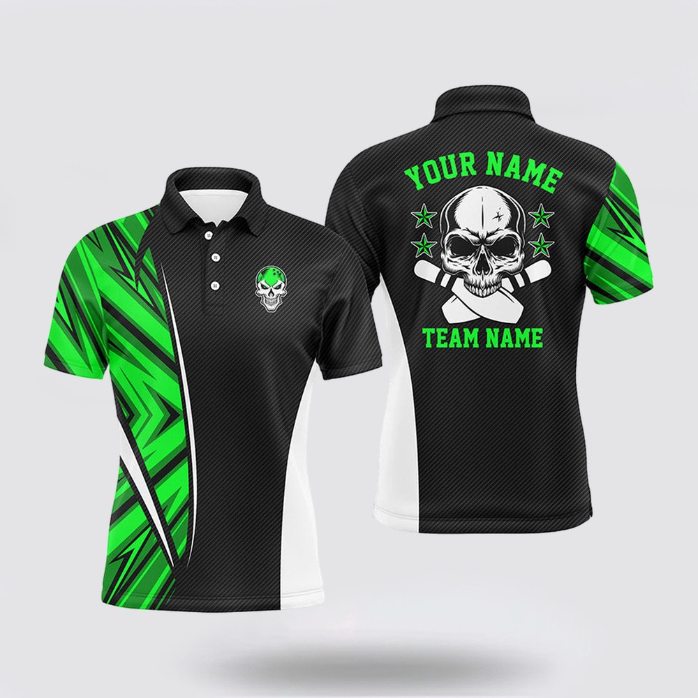 Bowling Polo Shirt, Black And Green Camo Custom Camo Bowling Polo Shirts For Men, Team Skull Bowling Jerseys