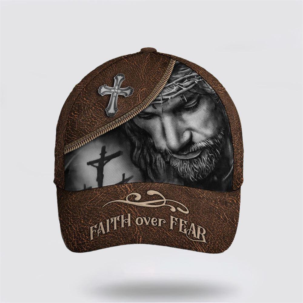 Christian Baseball Cap, Classic Leather Style Faith Over Fear Baseball Cap, Mens Baseball Cap, Women's Baseball Cap