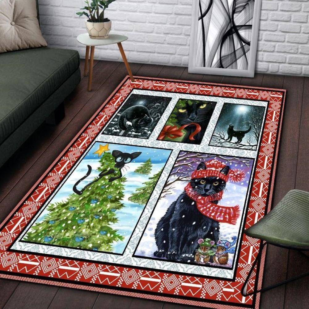 Christmas Rugs, Christmas Area Rugs, Black Cat Merry Christmas Rectangle Limited Edition Rug, Christmas Floor Mats
