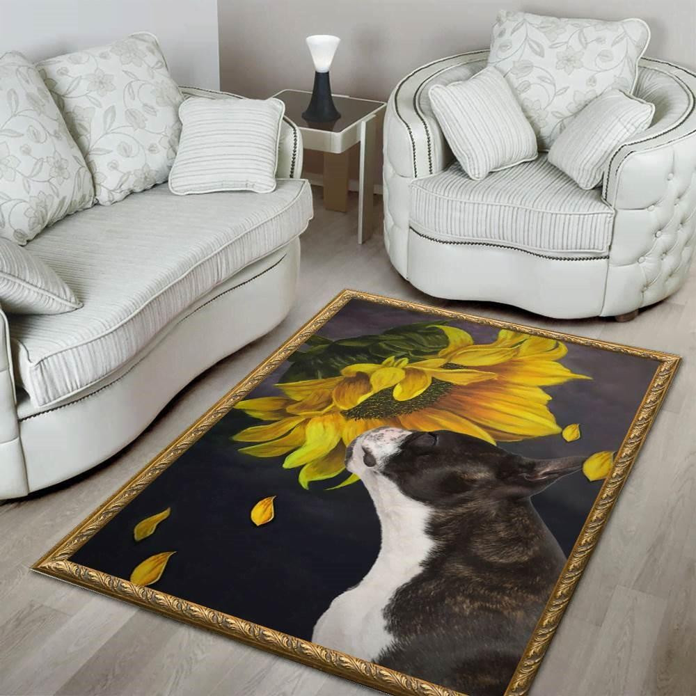 Christmas Rugs, Christmas Area Rugs, Boston Terrier And Sunflower Christmas Gift Area Limited Edition Rug, Christmas Floor Mats