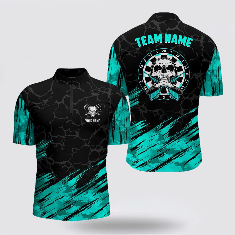 Dart Jerseys, All Over Print Skull Dart Jerseys Turquoise Black Mens, Custom Dart Jerseys