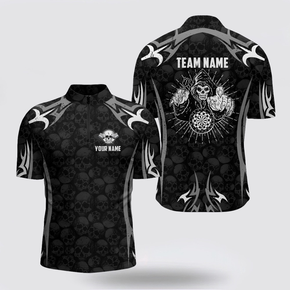 Dart Jerseys, Black Grey Darts Skull Reaper Dart Jerseys Mens, Custom Dart Jerseys