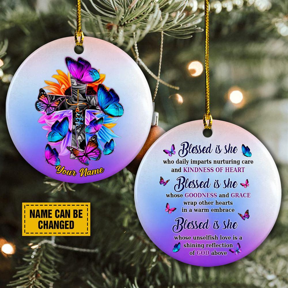 Personalised Christmas Ornament, Blessed Is She Whose Goodness Circle Ceramic Ornament, Christmas Ornaments 2023