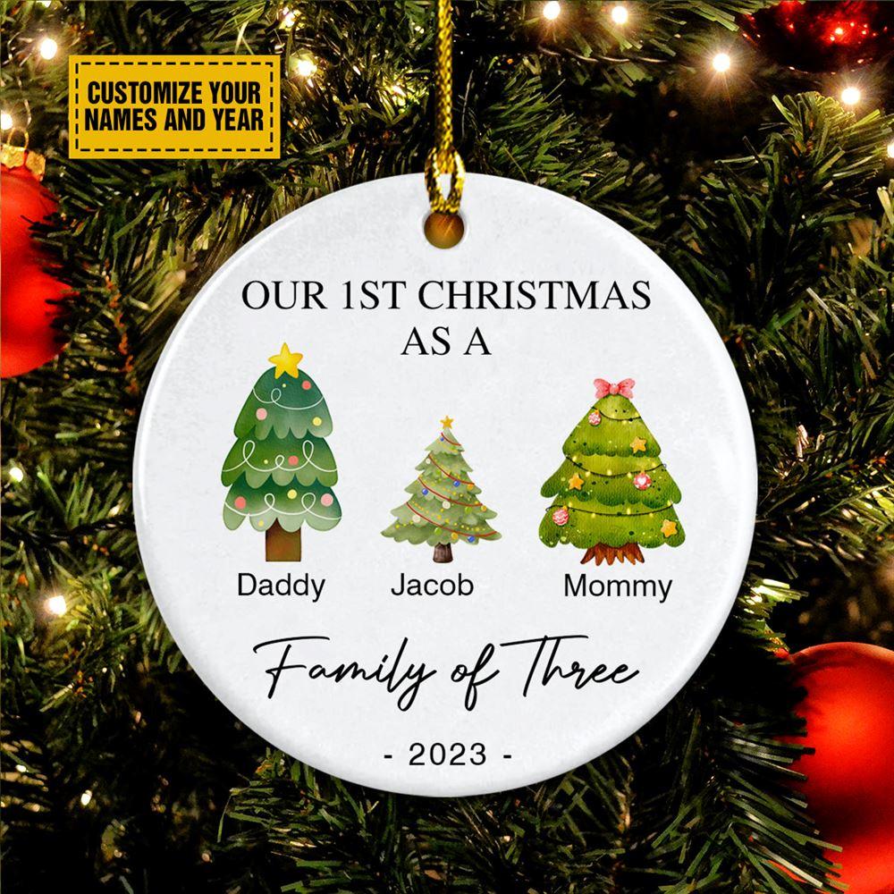 Personalised Christmas Ornament, Our 1st Christmas As A Family Of Three Circle Ceramic Ornament, Christmas Ornaments 2023