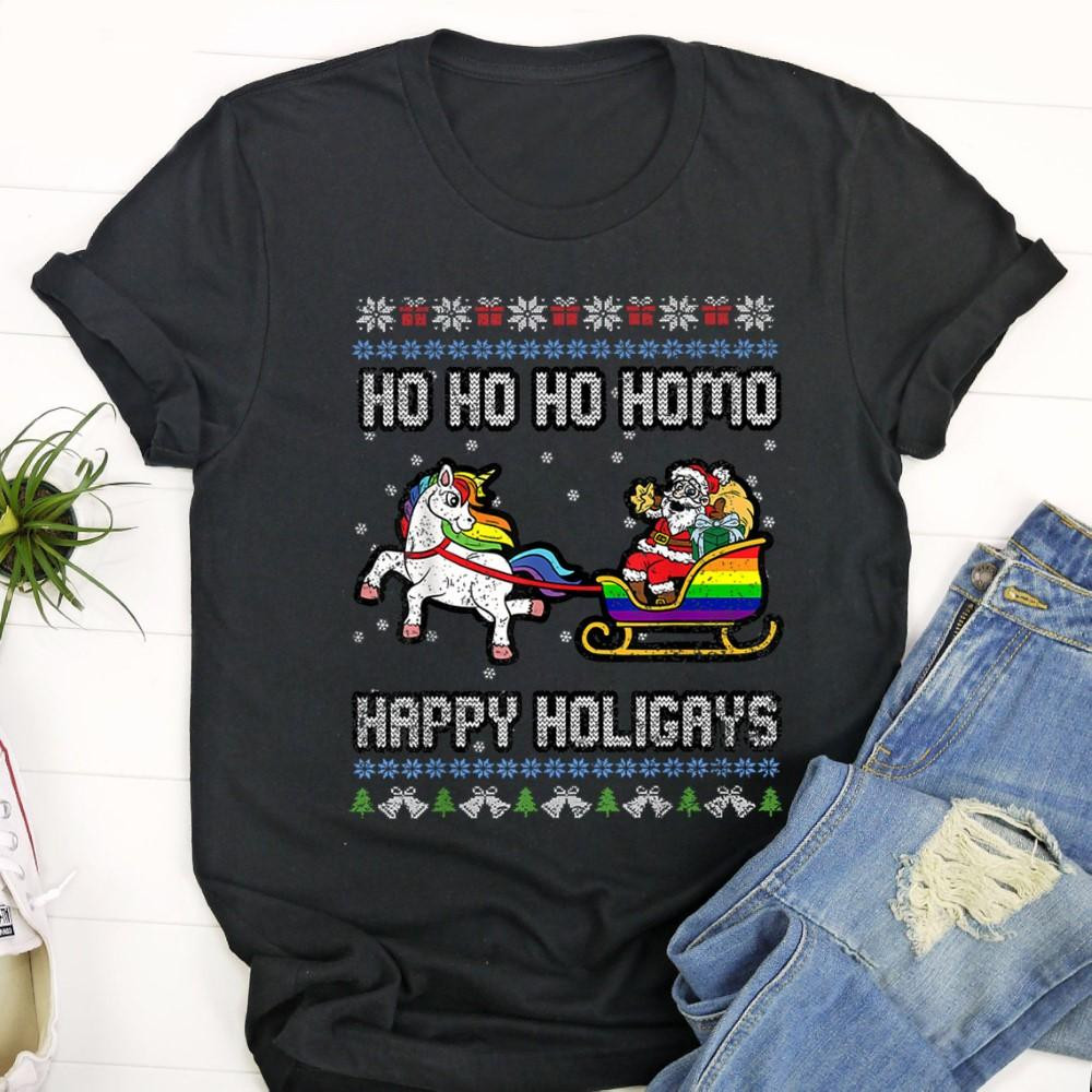 Ugly Christmas T Shirt, Ho Ho Homosexual Christmas Funny Gay Santa LGBT-Q Pride T Shirt, Christmas Tshirt Designs